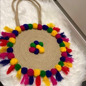 Colorful Pom Pom Straw Tote